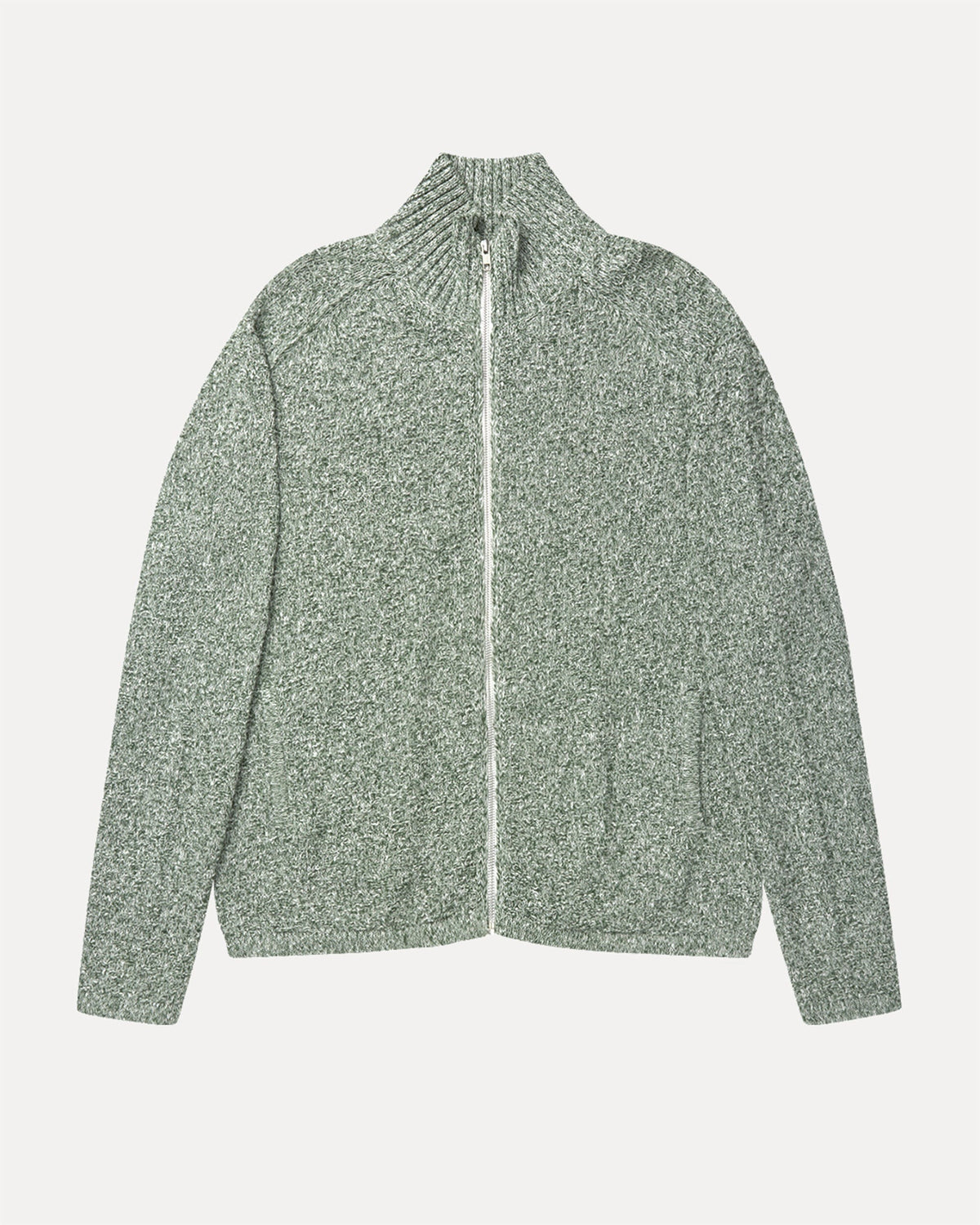 Knitted Zip Sweater in Off-White/Green